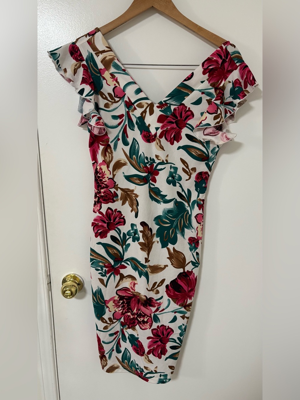 SHEIN Cream Midi Dress with Pink Floral & Teal Green Leaves